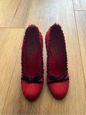 Louis Vuitton Red Satin Heels with Black Velvet Bow Trim